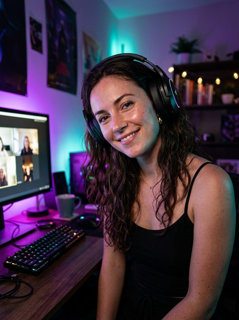 Woman with headphones on a night video call